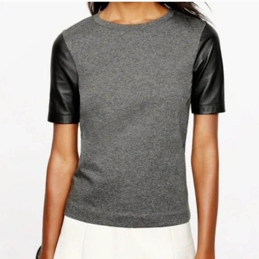 J. Crew Gray Knit Leather Short-Sleeve Top with Black Sleeves XS